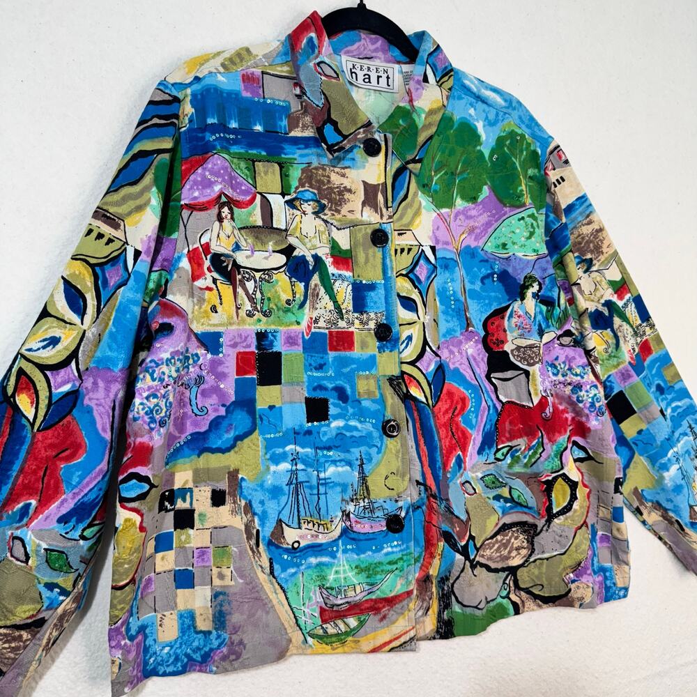 Keren Hart Jacket Vibrant Colorful Scenic Picasso Cafe Art Cotton Blazer Size XL - Picture 3 of 9